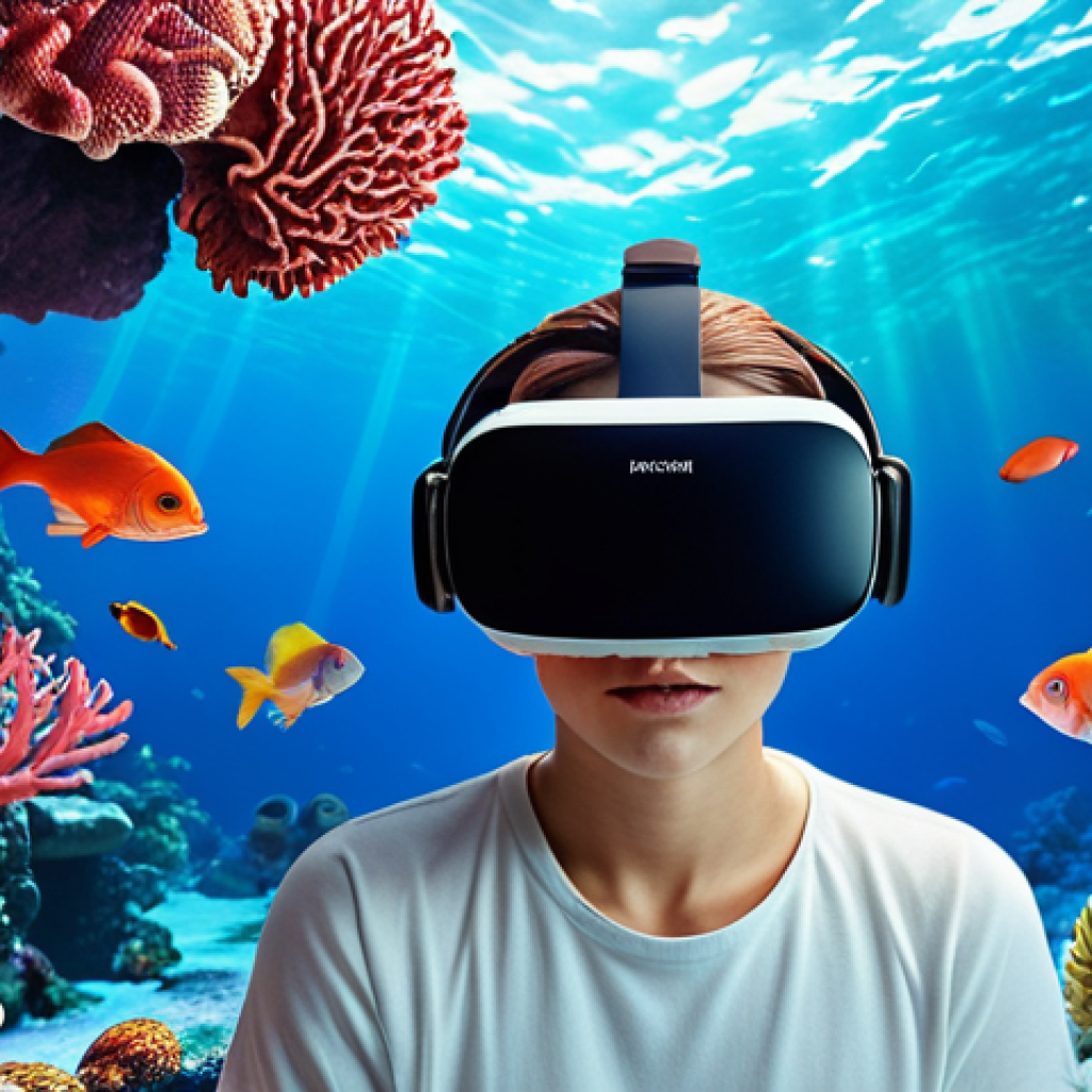**A person wearing a VR headset, immersed in a calming underwater virtual reality environment. Soft, diffused light, vibrant coral reefs, and colorful fish create a sense of relaxation and escape from pain. Focus on the user's peaceful expression and the immersive nature of the scene.**