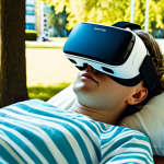 **Prompt:** A person wearing a VR headset, immersed in a sunny park scene projected in the VR, while lying in a hospital bed. Focus on the contrast between the immersive VR experience and the reality of physical therapy. Include medical equipment subtly in the background.