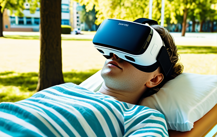 **Prompt:** A person wearing a VR headset, immersed in a sunny park scene projected in the VR, while lying in a hospital bed. Focus on the contrast between the immersive VR experience and the reality of physical therapy. Include medical equipment subtly in the background.