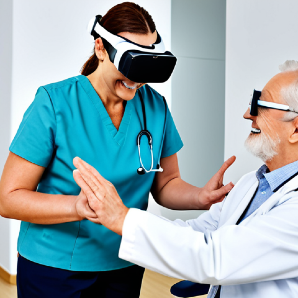 **
"A physiotherapist, fully clothed in professional attire, assisting a senior patient using a VR headset for rehabilitation exercises in a modern clinic setting. The patient is smiling and engaged with the virtual environment. The background shows advanced medical equipment and a clean, organized space. Safe for work, appropriate content, perfect anatomy, natural pose, well-formed hands, proper finger count, high quality, professional, modest."
**