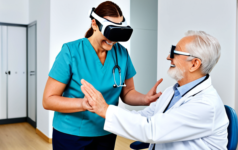 **
"A physiotherapist, fully clothed in professional attire, assisting a senior patient using a VR headset for rehabilitation exercises in a modern clinic setting. The patient is smiling and engaged with the virtual environment. The background shows advanced medical equipment and a clean, organized space. Safe for work, appropriate content, perfect anatomy, natural pose, well-formed hands, proper finger count, high quality, professional, modest."
**