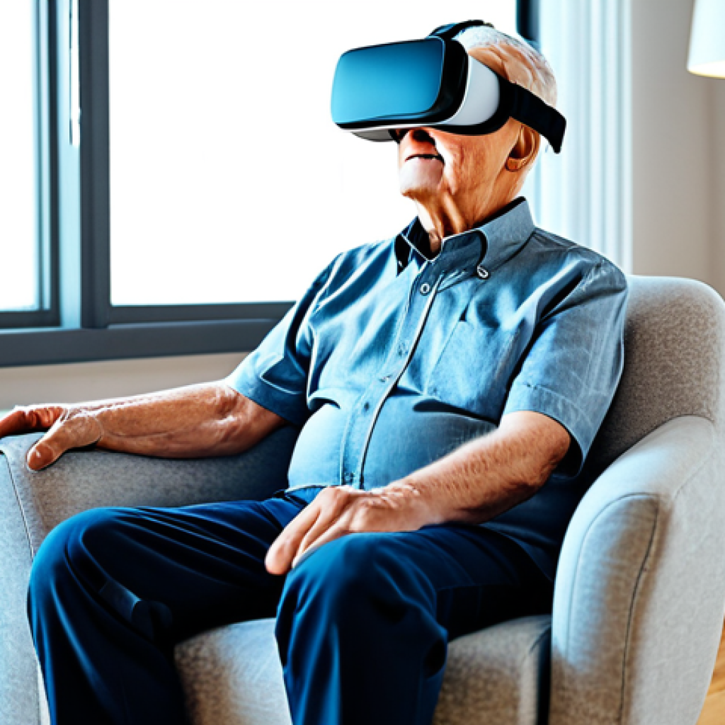 **
"An elderly gentleman in a comfortable armchair, wearing modest casual clothing, a VR headset covering his eyes, with a soft, diffused light illuminating the room, fully clothed, appropriate content, safe for work, perfect anatomy, natural proportions, family-friendly, professional, in a bright and airy living room, enjoying a VR rehabilitation session, emphasizing a sense of calm and progress."
**