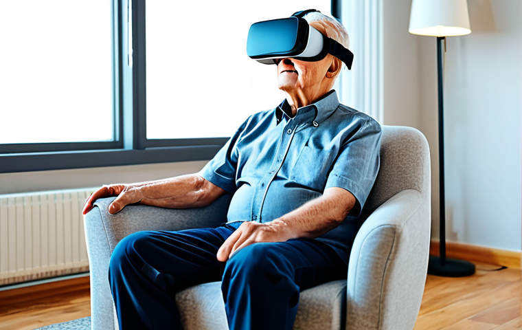 **
"An elderly gentleman in a comfortable armchair, wearing modest casual clothing, a VR headset covering his eyes, with a soft, diffused light illuminating the room, fully clothed, appropriate content, safe for work, perfect anatomy, natural proportions, family-friendly, professional, in a bright and airy living room, enjoying a VR rehabilitation session, emphasizing a sense of calm and progress."
**