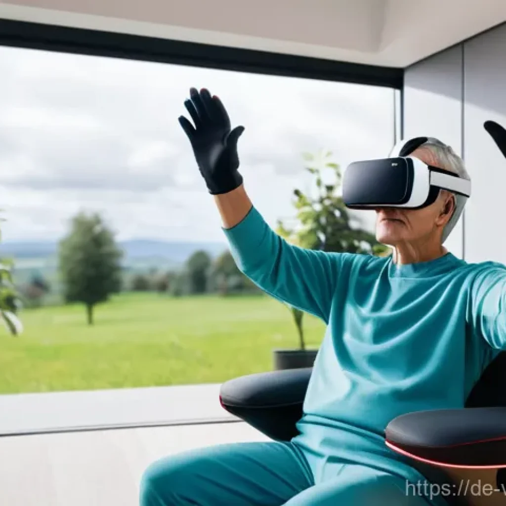 가상현실 재활치료와 심리 치료의 통합 - **VR Stroke Rehabilitation: Virtual Fruit Picking**
A wide shot of an adult, approximately 60-70...