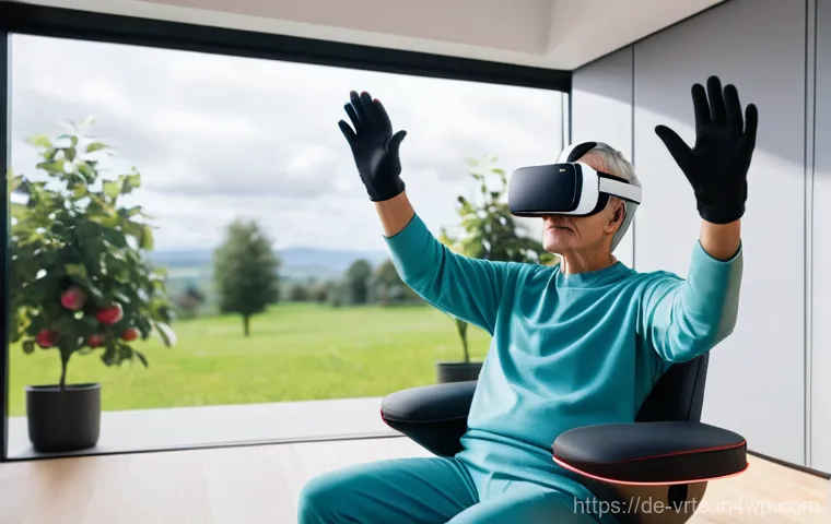 가상현실 재활치료와 심리 치료의 통합 - **VR Stroke Rehabilitation: Virtual Fruit Picking**
A wide shot of an adult, approximately 60-70...