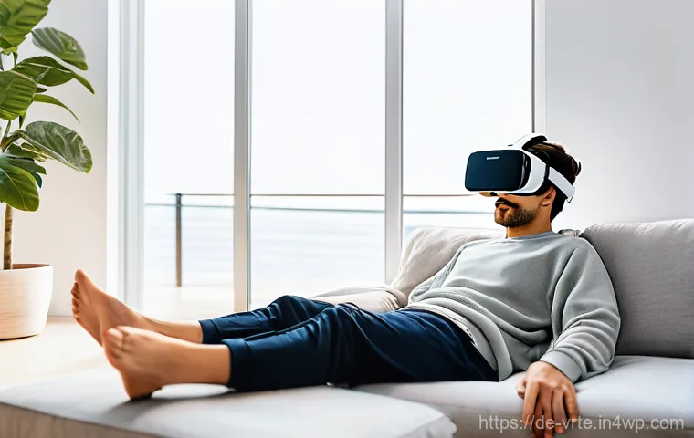가상현실 재활치료와 심리 치료의 통합 - **VR Phobia Therapy: Confronting a Virtual Spider**
    A close-up, slightly elevated shot of an adu...