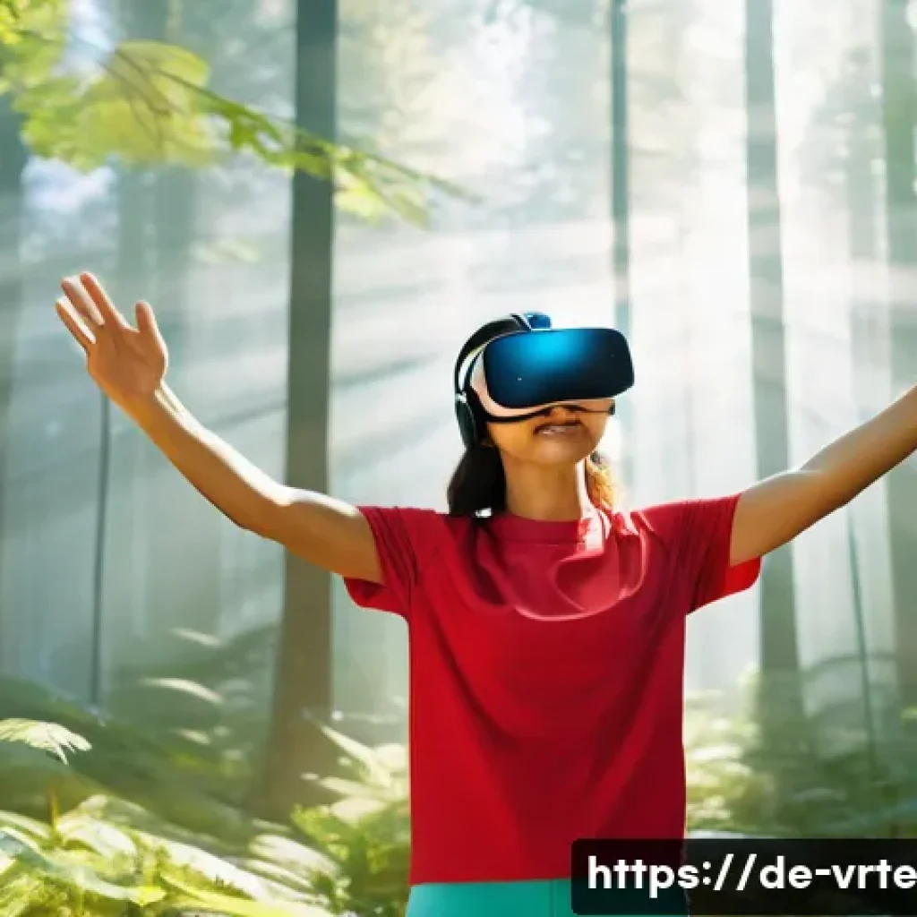 VR 재활치료의 상담적 접근 - **Immersive VR Rehabilitation Game:** A dynamic, full-body shot of a young adult (20s-30s, gender-ne...