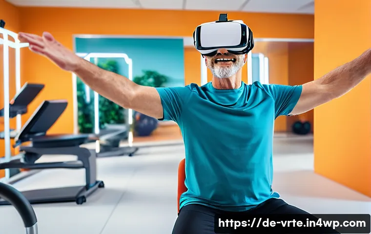 VR 재활치료의 진행 과정 - **Prompt 1: Motivating Motor Rehabilitation with VR Gamification**
A middle-aged man, with a det...