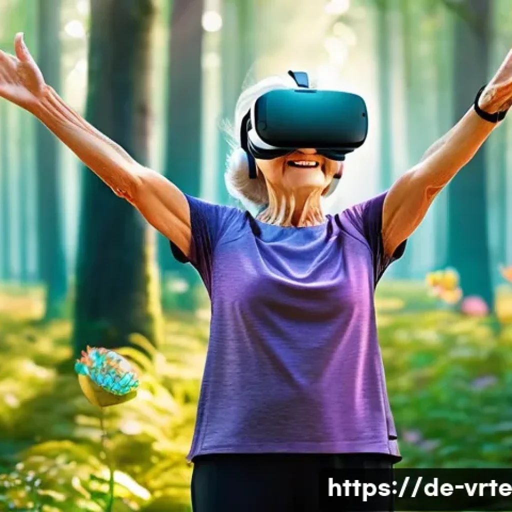 VR 재활치료의 치료 목표 - **Prompt: A joyful elderly woman, wearing comfortable athletic clothing and a sleek, modern VR heads...