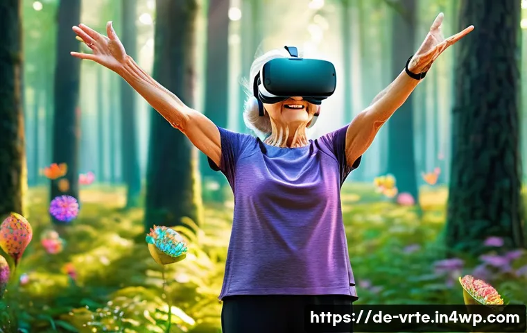 VR 재활치료의 치료 목표 - **Prompt: A joyful elderly woman, wearing comfortable athletic clothing and a sleek, modern VR heads...