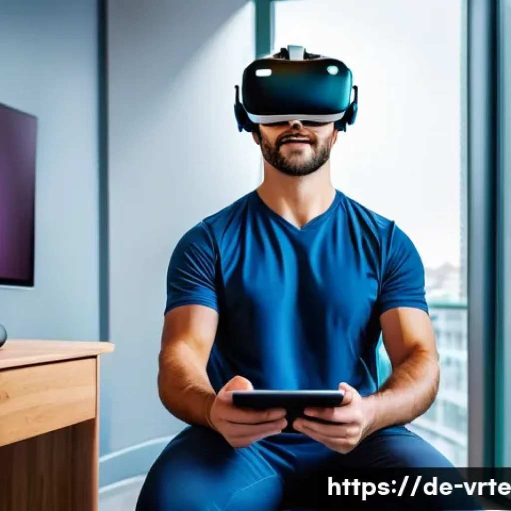 VR 재활치료의 효과적인 피드백 시스템 - A modern rehabilitation clinic room featuring a middle-aged male patient wearing comfortable sportsw...