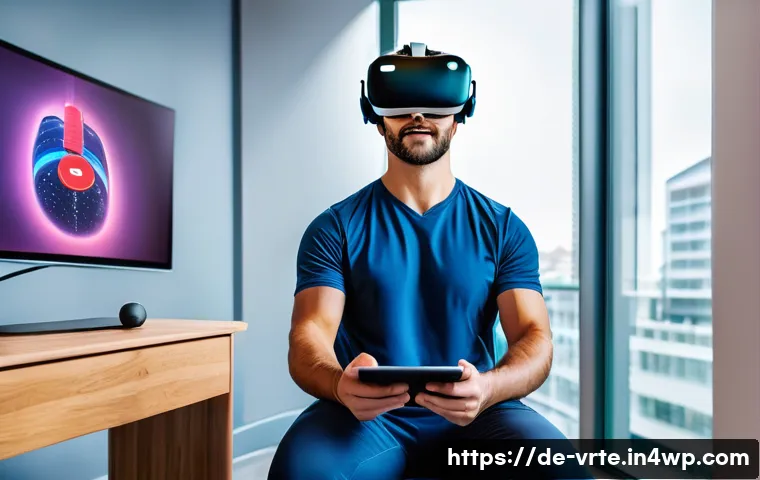 VR 재활치료의 효과적인 피드백 시스템 - A modern rehabilitation clinic room featuring a middle-aged male patient wearing comfortable sportsw...