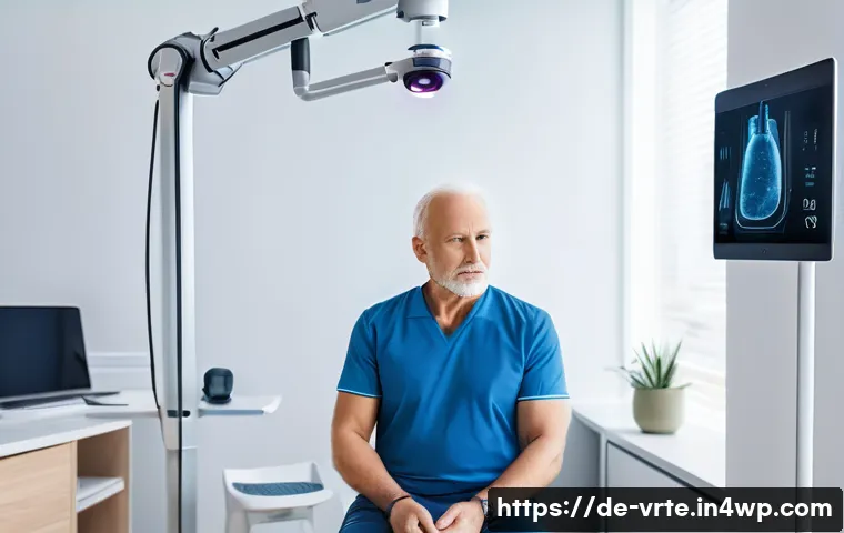 VR 재활치료의 국제적 사례 - A modern rehabilitation clinic in Germany featuring a middle-aged patient wearing sensor-equipped cl...