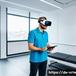 Home 18 VR 재활치료의 인식 변화 - A modern rehabilitation clinic room featuring a middle-aged German patient wearing comfortable athle...
