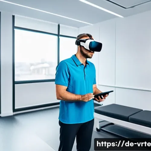Home 30 VR 재활치료의 인식 변화 - A modern rehabilitation clinic room featuring a middle-aged German patient wearing comfortable athle...