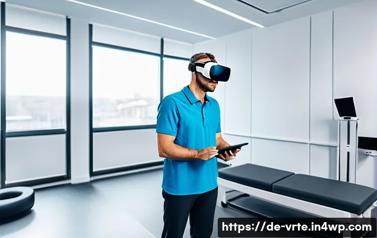 VR 재활치료의 인식 변화 - A modern rehabilitation clinic room featuring a middle-aged German patient wearing comfortable athle...