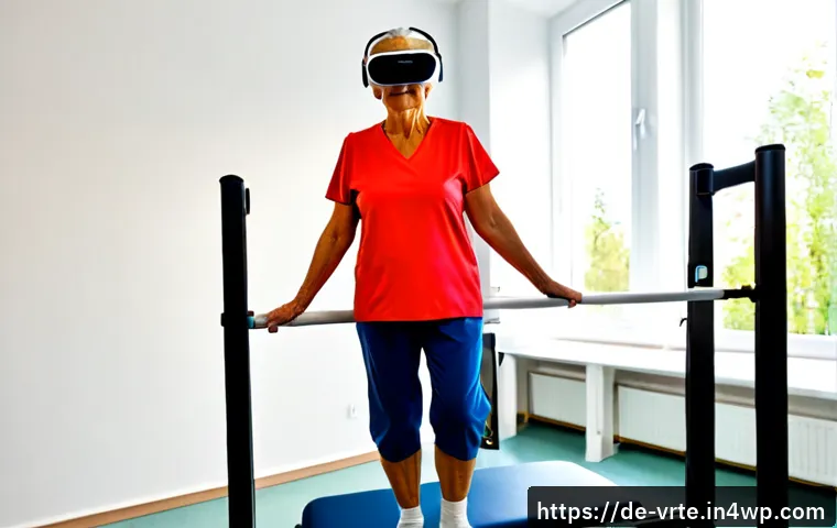 VR 재활치료의 최신 동향 - Photorealistic modern German rehabilitation clinic, older adult patient wearing a lightweight virtua...